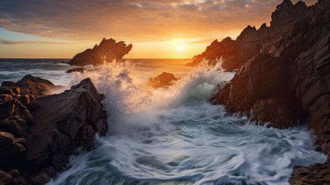Waves of Majesty: Powerful Crashing Waves on Rocky Cliffs during Sunrise, AI Generative