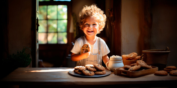 little boy sneaking a fresh cookie from the kitchen, his triumphant smile mirroring the warmth of a perfect summer day