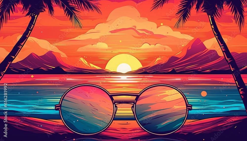 Wall mural Sunglasses on Beach Vaporwave Colors Illustrated Style - Wall murals
