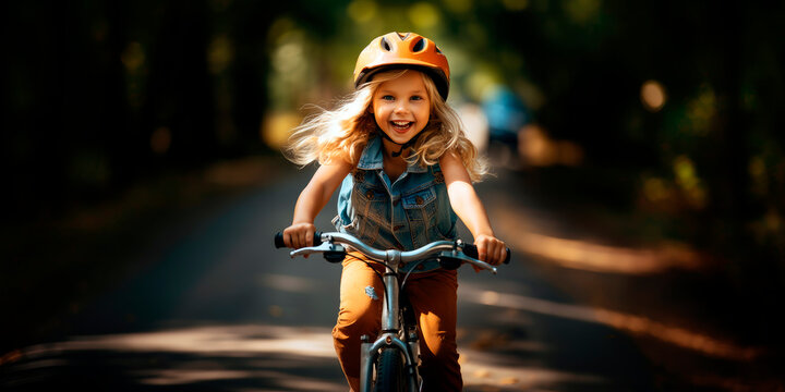 young girl learning to ride her bicycle in the park