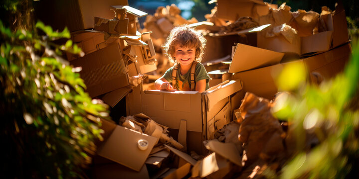young boy lost in his imagination, turning cardboard boxes into a fort