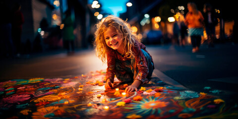 young girl immersed in the colors of her sidewalk chalk art