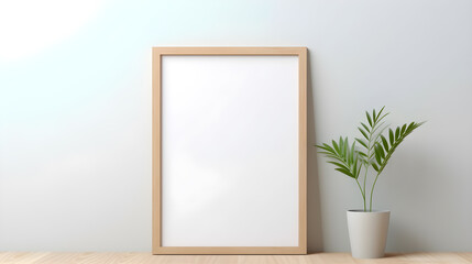 Mockup frame wooden frame with plant on wooden table. luxury vase. Breakfast concept. Beige wall background, Generative AI