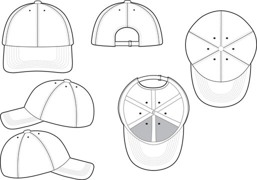 6 Panel Baseball Hat Technical Drawing Illustration Blank Streetwear Mock-up Template for Design and Tech Packs CAD Dad Hat