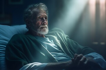 Portrait of sick senior man lying in bed ai generated