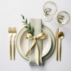 Festive wedding, birthday table setting with golden cutlery, eucalyptus parvifolia, silk ribbon and milk pitcher on white table background. Flat lay, top view. Empty created with Generative AI