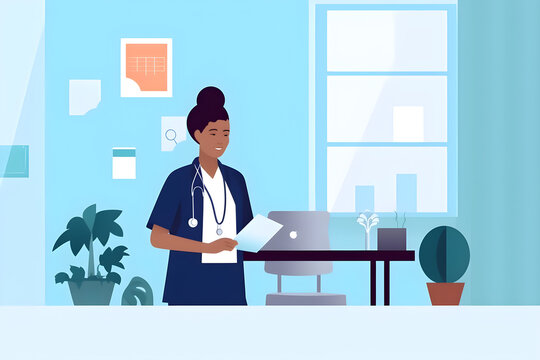  Flat vector illustration african american female doctor in clinic 