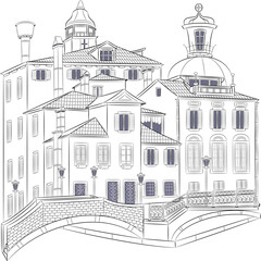 Black and white drawing of an old Venetian square with old houses.