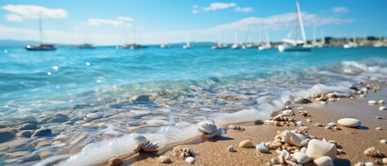Obraz premium Tropical summer sand beach and bokeh sun light on sea background. Generative AI