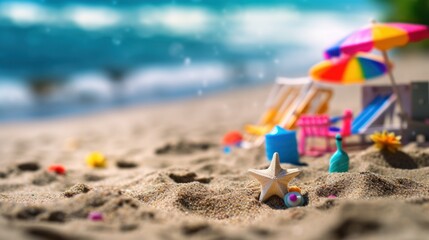 Tropical summer sand beach and bokeh sun light on sea background. Generative AI