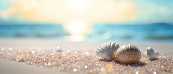 Fototapeta na wymiar Tropical summer sand beach and bokeh sun light on sea background. Generative AI