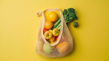 
wicker string bag for fruits and vegetables. Ecological bag, eco food packaging made from recyclable materials. The concept of caring for nature. generative AI