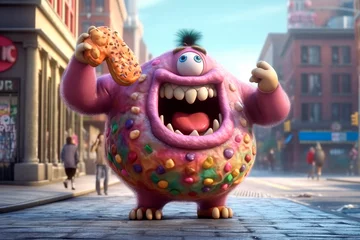 Fotobehang Funny overweight pink glutton character with snack. Generative AI. Sweet tooth walks around the city and eats on the go. Problems with weight, skin and allergies due to unhealthy food. © Yuliia
