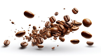 Obraz premium Flying coffee beans on white background. Stylish design for cover, banner, price list. Generative AI