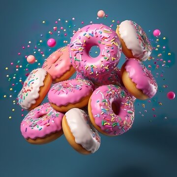 Flying Frosted sprinkled donuts. Set of multicolored doughnuts with sprinkles isolate on colorful background. 3d rendering | Generative AI