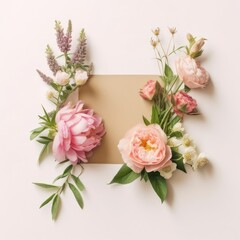Floral summer stationery mockup. Blank greeting card with envelope. Garden flowers and herbs isolated on white table. Roses, sage, peony and geranium blooms. Created with Generated with Generative AI.