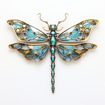 Dragonfly made of gold metal and gemstones. Made with Generative AI.