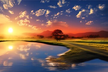 Fototapeta na wymiar Sunset Background, Sunset Landscape Background, Nature Background, Landscape Background, Generative AI