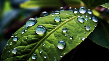 Water droplets on a leaf reflecting the surrounding