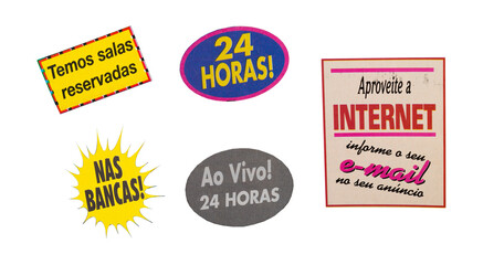 Obraz premium Cut out magazine vintage labels, price, words, stickers, letters, tags, sign and more, collection of different designs from vintage 90's magazine, png isolated on transparent background
