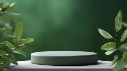 Fototapeta na wymiar Empty stone pedestal with green leaves modern background. Product display design, mockup template. Generative AI