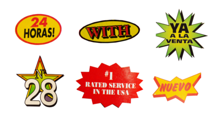 Cut out magazine vintage labels, price, words, stickers, letters, tags, sign and more, collection of different designs from vintage 90's magazine, png isolated on transparent background