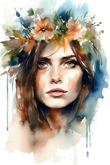 Watercolor portrait of a woman with flowers on her head, fashion illustration. Ai generated