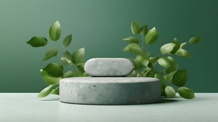 Obraz na płótnie Canvas Empty stone pedestal with green leaves modern background. Product display design, mockup template. Generative AI