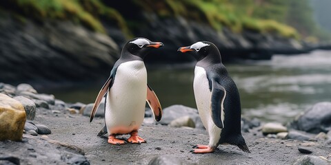 Fototapeta premium A couple of penguins standing next to each other