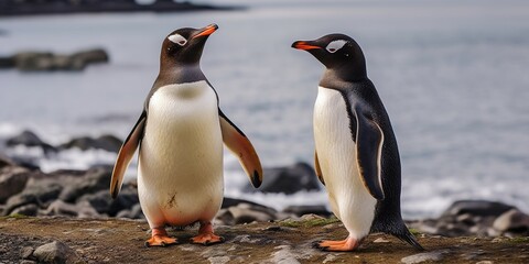 A couple of penguins standing next to each other