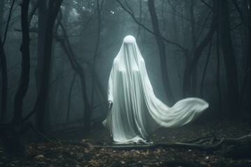 An ethereal figure, draped in white, standing amidst a foggy forest. Generative AI