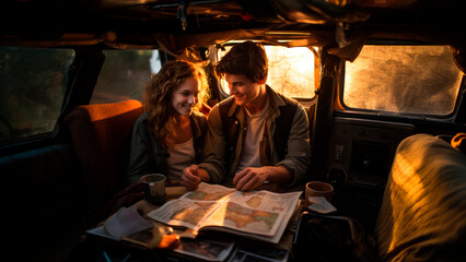 warm glow of the setting sun, a young couple sits on the tailgate of their vintage truck, sharing a hearty laugh