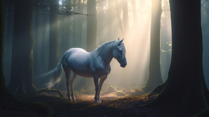 white horse in forest with sun shine generative ai