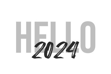Simple modern typography design with text Hello 2024. Isolated on a white background in tones of grey color. Hand Lettering Quote. Aesthetic Calligraphy.