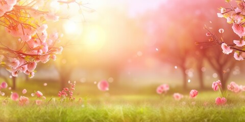 Fototapeta premium Abstract sunny spring background with blooming flowers and trees