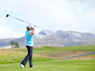Driver, girl or golfer playing golf for fitness, workout or exercise with a swing on a green...