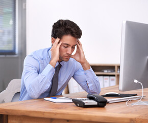 Stress headache, business man and tired employee from corporate career in office. Anxiety, lawyer...