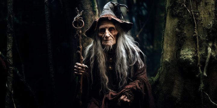 fantasy old Witch in the dark forest, fantasy character, creature concept