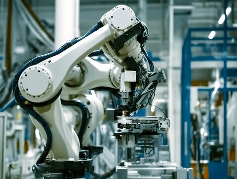 In automotive factory, a robotics arm with a milling spindle attachment