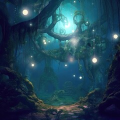 Obraz premium Digital art of a mystical forest shrouded in mist, with ethereal lights and floating orbs, creating an atmosphere of enchantment and mystery, under the moonlit glow filtering through the trees,