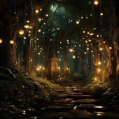 Naklejka premium Digital art of a mystical forest shrouded in mist, with ethereal lights and floating orbs, creating an atmosphere of enchantment and mystery, under the moonlit glow filtering through the trees,