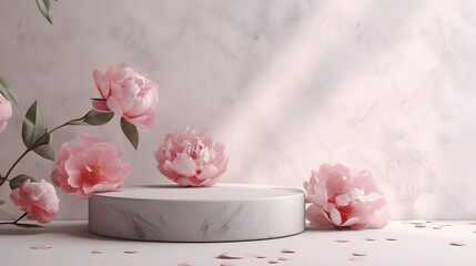 Stone pedestal with pink flowers modern background. Product display design, minimal mockup template. Generative AI
