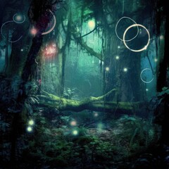 Digital art of a mystical forest shrouded in mist, with ethereal lights and floating orbs, creating an atmosphere of enchantment and mystery, under the moonlit glow filtering through the trees,