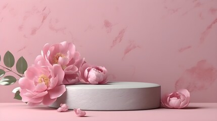 Obraz na płótnie Canvas Stone pedestal with pink flowers modern background. Product display design, minimal mockup template. Generative AI