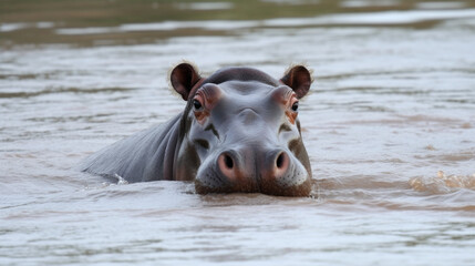 a hippopotamus swims in a river in africa. Generative AI