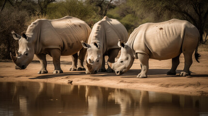 Fototapeta premium several rhinos are standing at a water source in africa. Generative AI