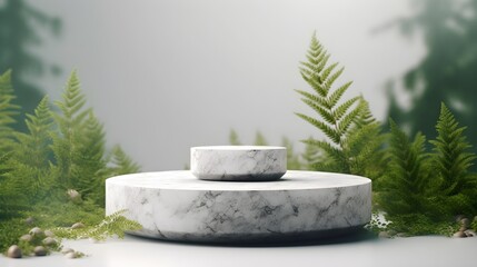 Stone pedestal in the forest, black background. Product display design, luxury mockup template. Generative AI