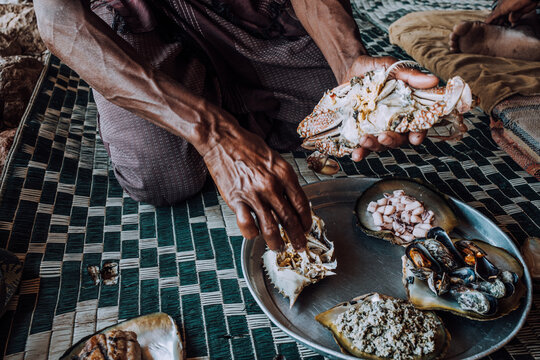 A platter of fresh seafood including crab, squid, mussels, and a local delicacy at Detwah Lagoon, Socotra, Yemen