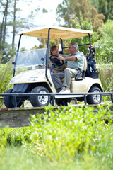 Golf cart, old couple or happy golfers driving on course in fitness workout or exercise while...