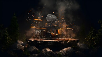 stone pedestal with drums dark background. Modern product display design. Luxury template. Generative AI